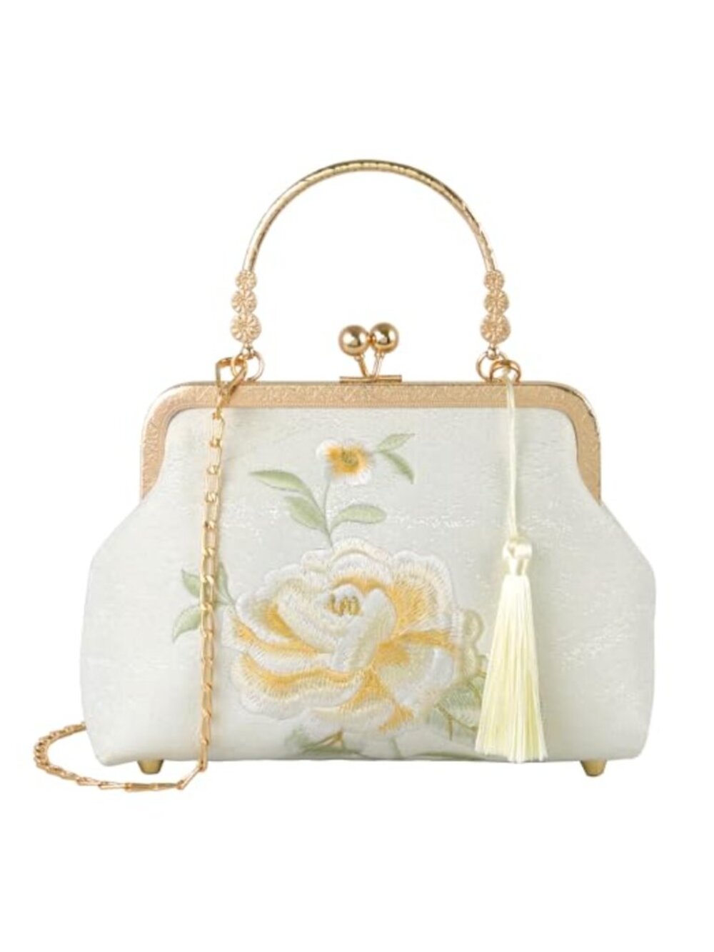 Crane Embroidered Jacquard Clutch Silk Detachable Chain Evening Bag